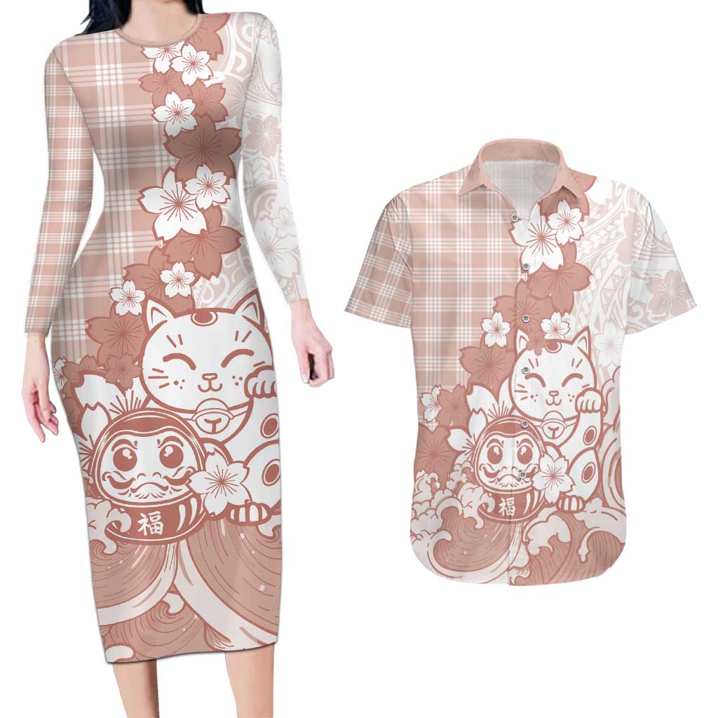 Beige Palaka Hawaiian And Japanese Couples Matching Long Sleeve Bodycon Dress and Hawaiian Shirt Maneki Neko And Sakura Bloom