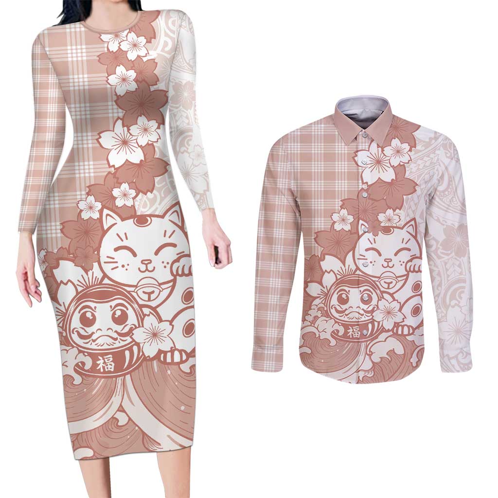 Beige Palaka Hawaiian And Japanese Couples Matching Long Sleeve Bodycon Dress and Long Sleeve Button Shirt Maneki Neko And Sakura Bloom