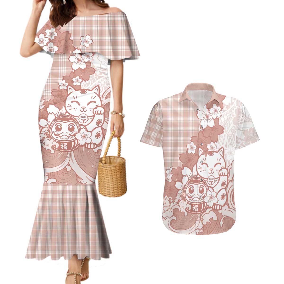 Beige Palaka Hawaiian And Japanese Couples Matching Mermaid Dress and Hawaiian Shirt Maneki Neko And Sakura Bloom