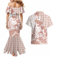 Beige Palaka Hawaiian And Japanese Couples Matching Mermaid Dress and Hawaiian Shirt Maneki Neko And Sakura Bloom
