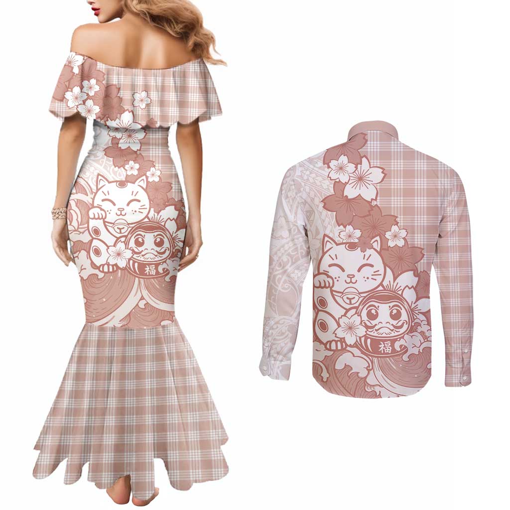 Beige Palaka Hawaiian And Japanese Couples Matching Mermaid Dress and Long Sleeve Button Shirt Maneki Neko And Sakura Bloom