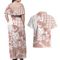 Beige Palaka Hawaiian And Japanese Couples Matching Off Shoulder Maxi Dress and Hawaiian Shirt Maneki Neko And Sakura Bloom