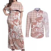 Beige Palaka Hawaiian And Japanese Couples Matching Off Shoulder Maxi Dress and Long Sleeve Button Shirt Maneki Neko And Sakura Bloom