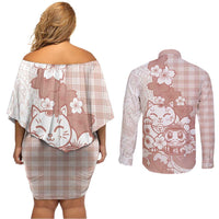 Beige Palaka Hawaiian And Japanese Couples Matching Off Shoulder Short Dress and Long Sleeve Button Shirt Maneki Neko And Sakura Bloom