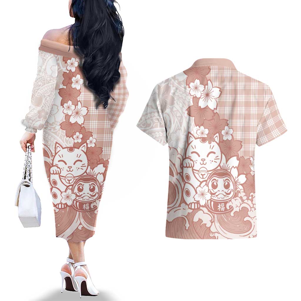 Beige Palaka Hawaiian And Japanese Couples Matching Off The Shoulder Long Sleeve Dress and Hawaiian Shirt Maneki Neko And Sakura Bloom