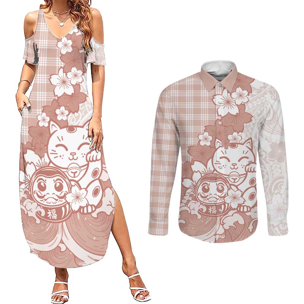Beige Palaka Hawaiian And Japanese Couples Matching Summer Maxi Dress and Long Sleeve Button Shirt Maneki Neko And Sakura Bloom