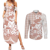 Beige Palaka Hawaiian And Japanese Couples Matching Summer Maxi Dress and Long Sleeve Button Shirt Maneki Neko And Sakura Bloom