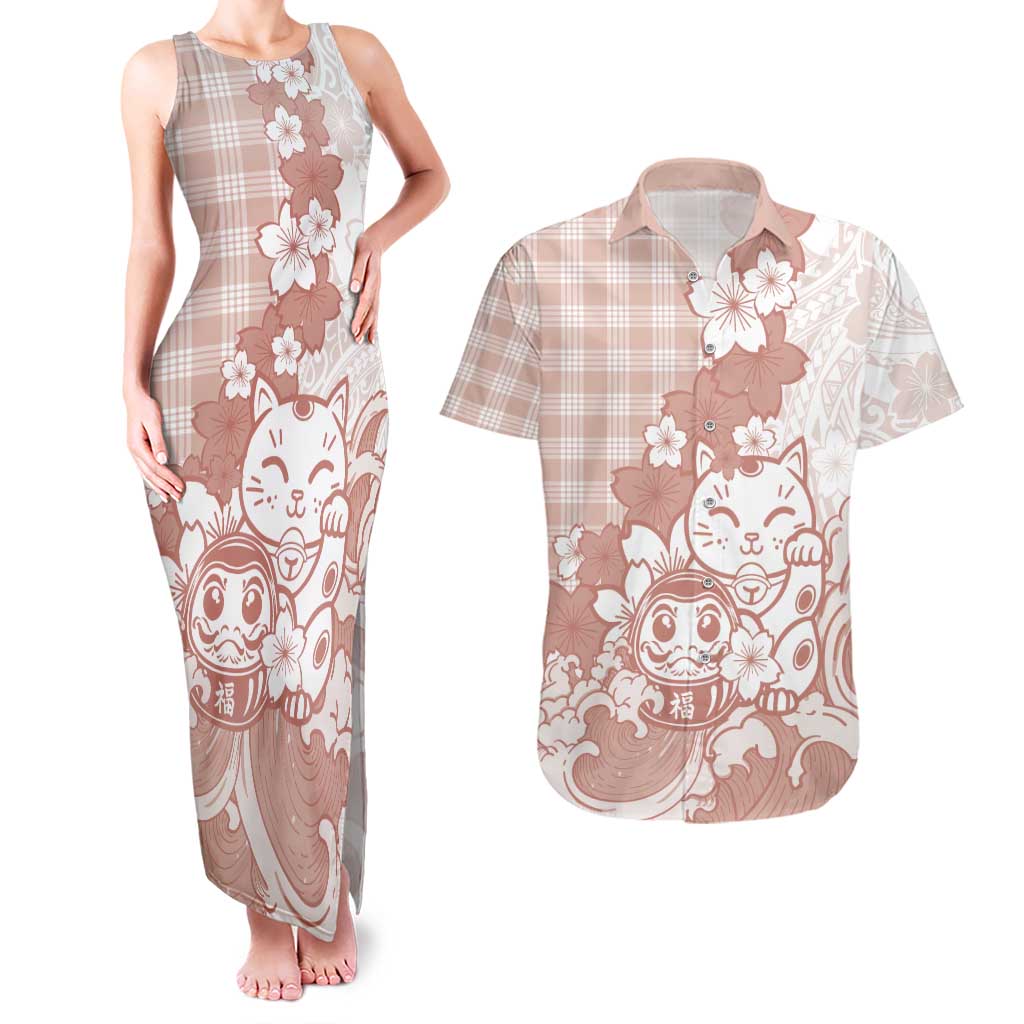Beige Palaka Hawaiian And Japanese Couples Matching Tank Maxi Dress and Hawaiian Shirt Maneki Neko And Sakura Bloom
