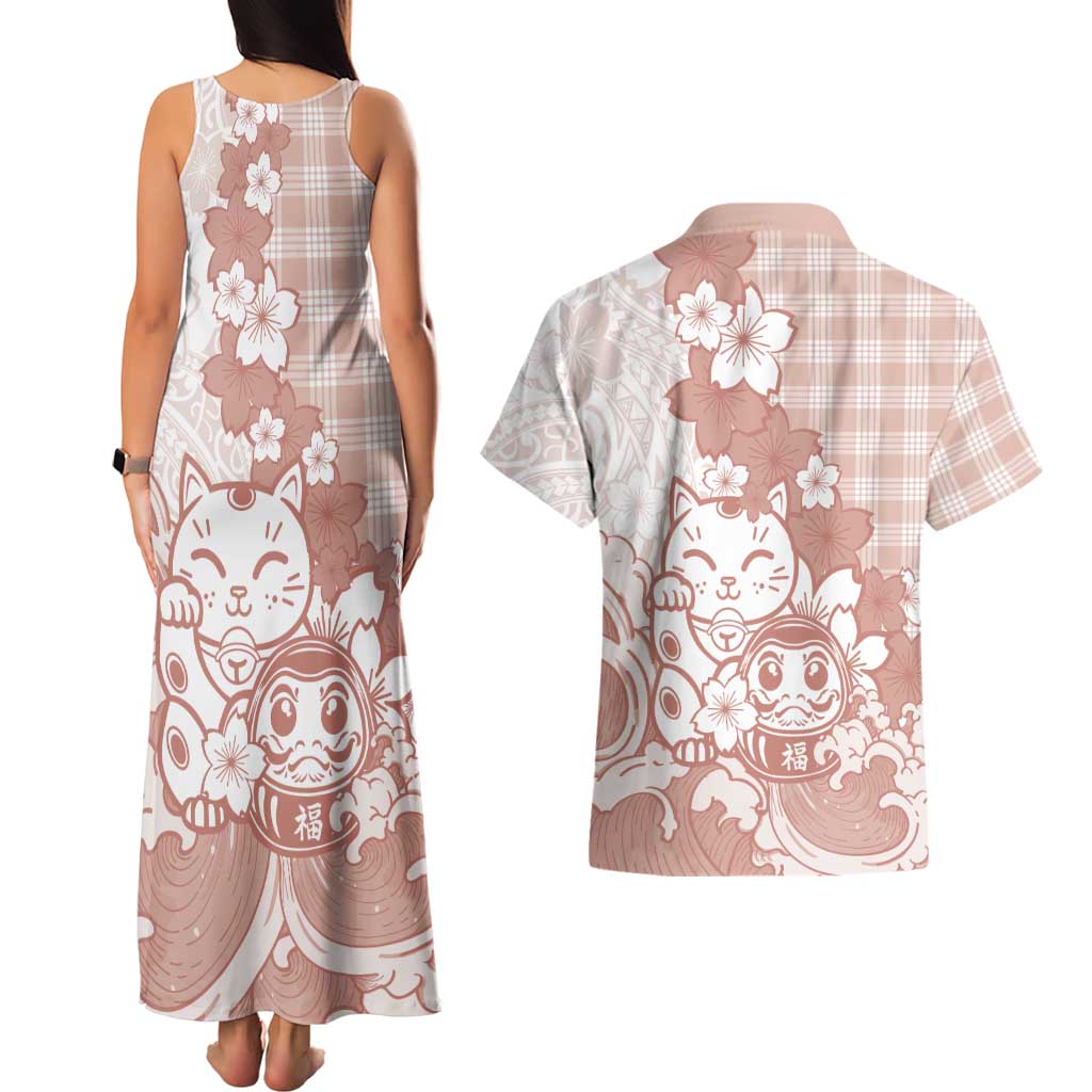 Beige Palaka Hawaiian And Japanese Couples Matching Tank Maxi Dress and Hawaiian Shirt Maneki Neko And Sakura Bloom