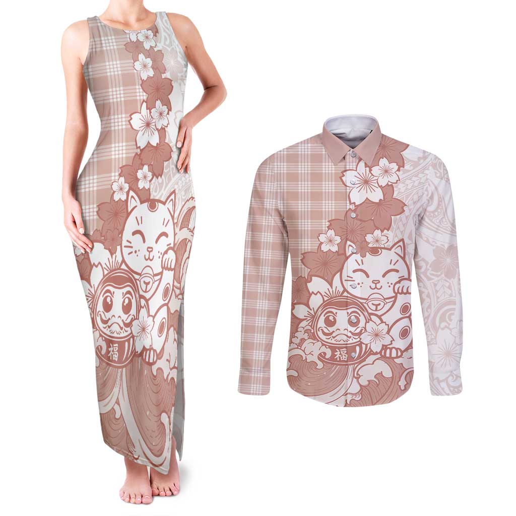 Beige Palaka Hawaiian And Japanese Couples Matching Tank Maxi Dress and Long Sleeve Button Shirt Maneki Neko And Sakura Bloom