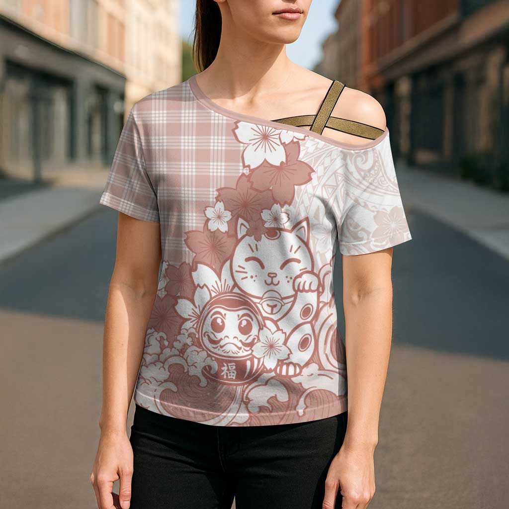 Beige Palaka Hawaiian And Japanese Cross Shoulder Shirt Maneki Neko And Sakura Bloom