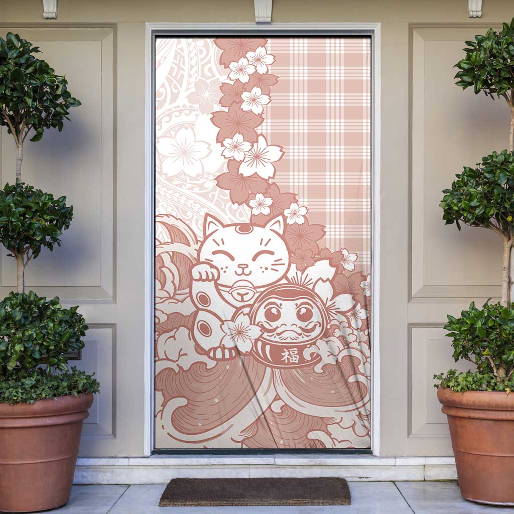 Beige Palaka Hawaiian And Japanese Door Cover Maneki Neko And Sakura Bloom