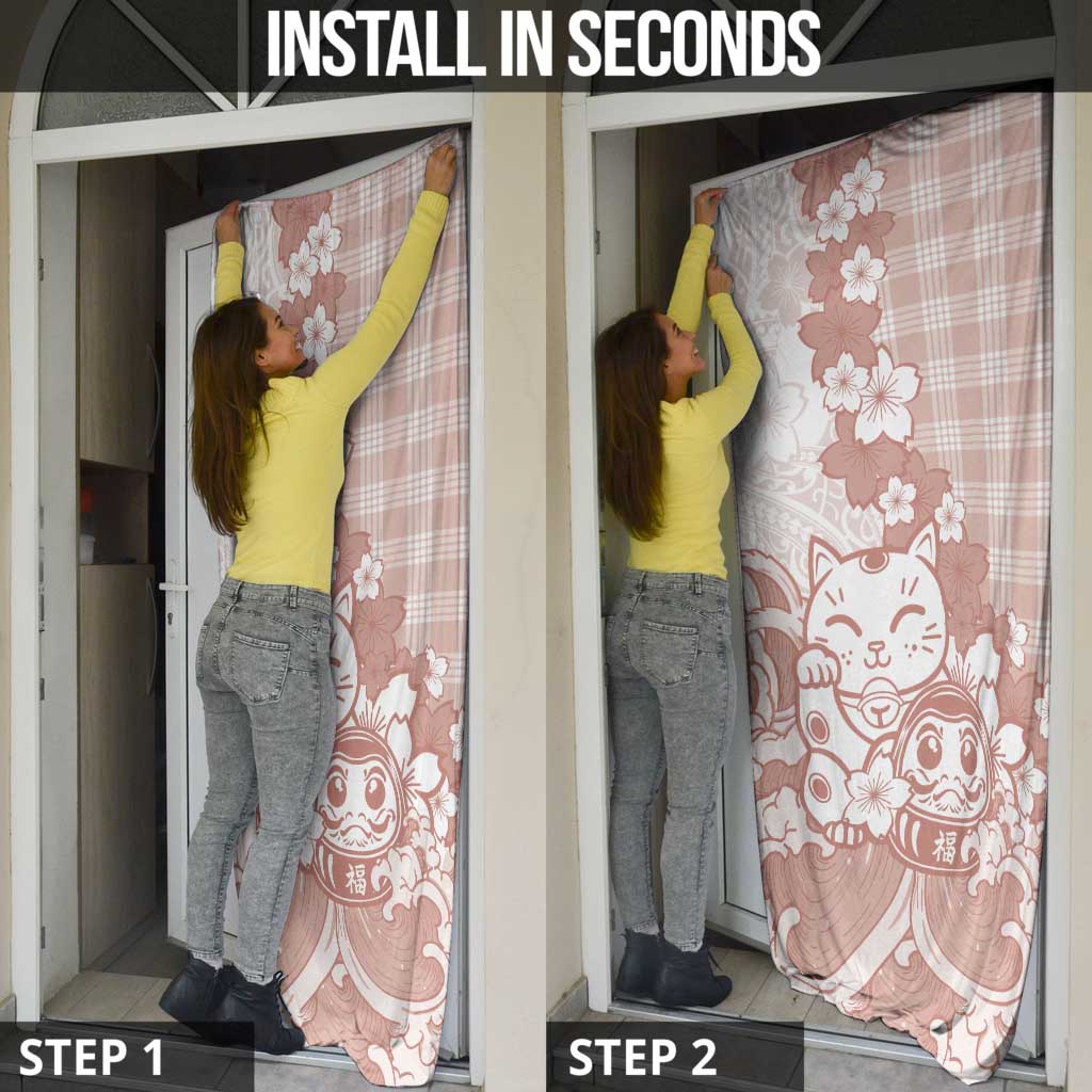 Beige Palaka Hawaiian And Japanese Door Cover Maneki Neko And Sakura Bloom