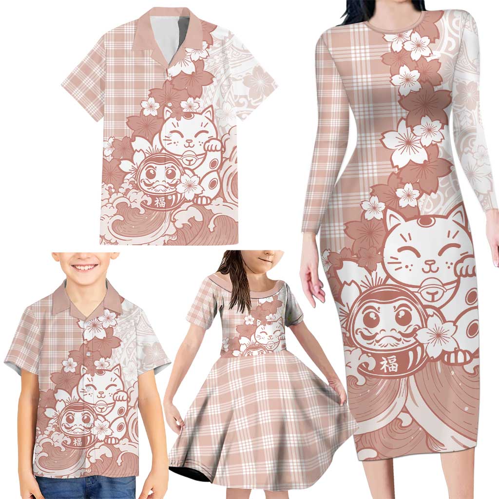 Beige Palaka Hawaiian And Japanese Family Matching Long Sleeve Bodycon Dress and Hawaiian Shirt Maneki Neko And Sakura Bloom