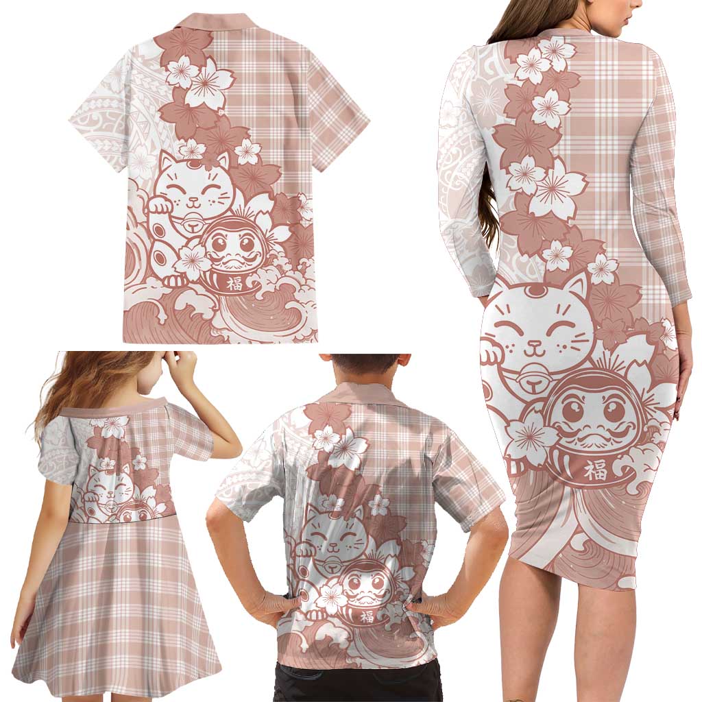Beige Palaka Hawaiian And Japanese Family Matching Long Sleeve Bodycon Dress and Hawaiian Shirt Maneki Neko And Sakura Bloom