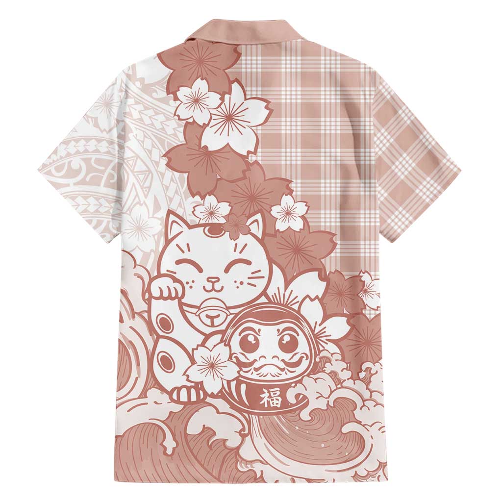 Beige Palaka Hawaiian And Japanese Family Matching Long Sleeve Bodycon Dress and Hawaiian Shirt Maneki Neko And Sakura Bloom