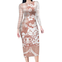 Beige Palaka Hawaiian And Japanese Family Matching Long Sleeve Bodycon Dress and Hawaiian Shirt Maneki Neko And Sakura Bloom