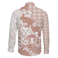 Beige Palaka Hawaiian And Japanese Family Matching Mermaid Dress and Hawaiian Shirt Maneki Neko And Sakura Bloom
