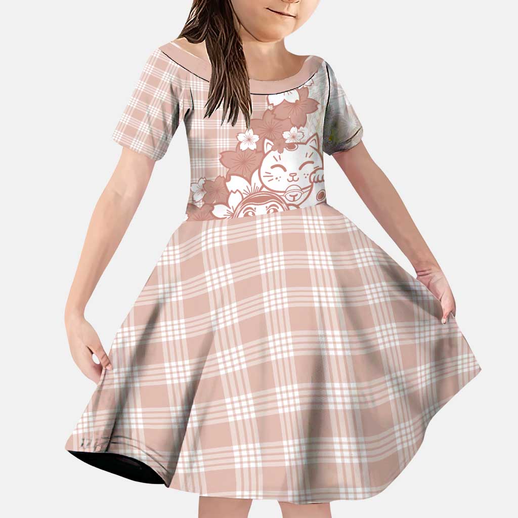 Beige Palaka Hawaiian And Japanese Family Matching Off Shoulder Maxi Dress and Hawaiian Shirt Maneki Neko And Sakura Bloom