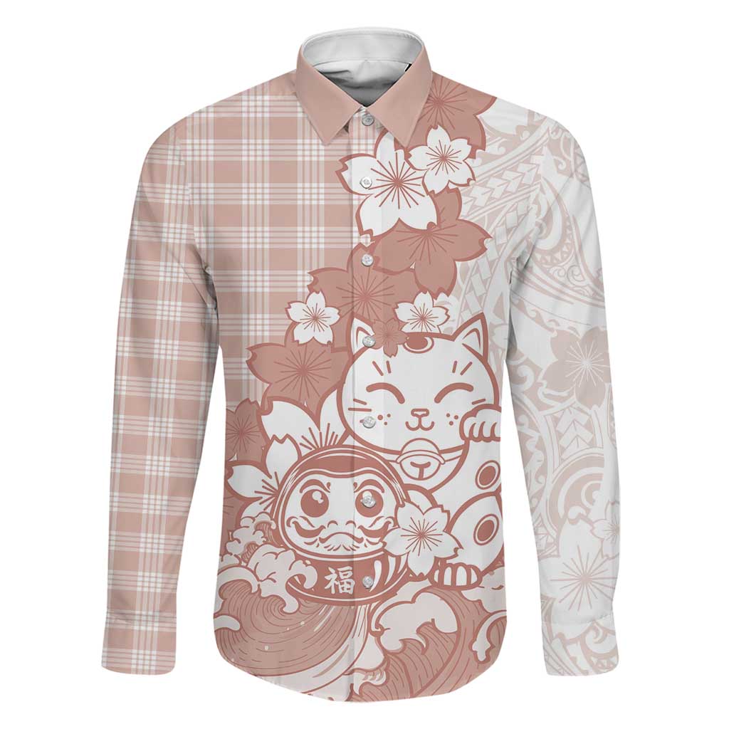 Beige Palaka Hawaiian And Japanese Family Matching Off Shoulder Maxi Dress and Hawaiian Shirt Maneki Neko And Sakura Bloom