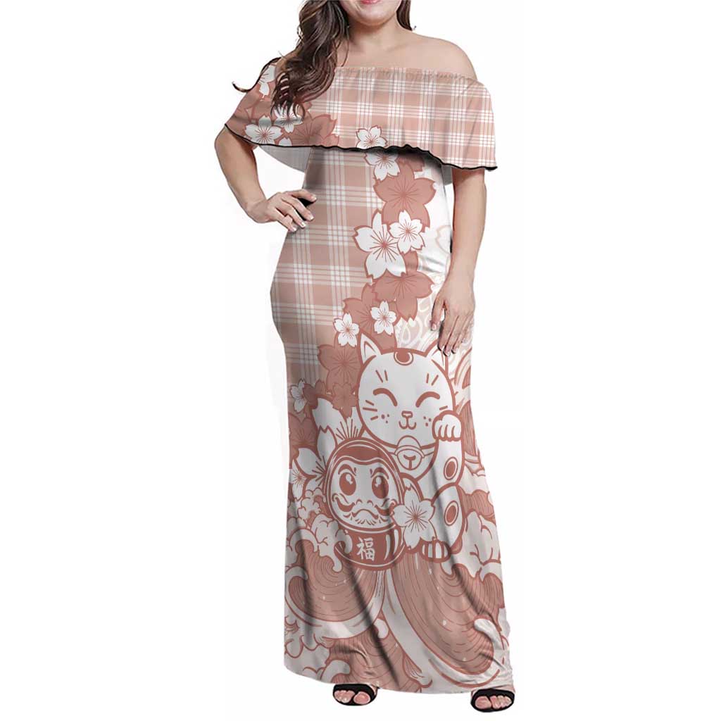Beige Palaka Hawaiian And Japanese Family Matching Off Shoulder Maxi Dress and Hawaiian Shirt Maneki Neko And Sakura Bloom