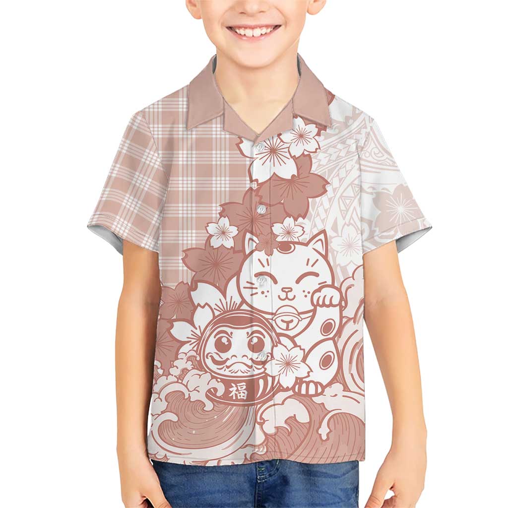 Beige Palaka Hawaiian And Japanese Family Matching Off Shoulder Maxi Dress and Hawaiian Shirt Maneki Neko And Sakura Bloom
