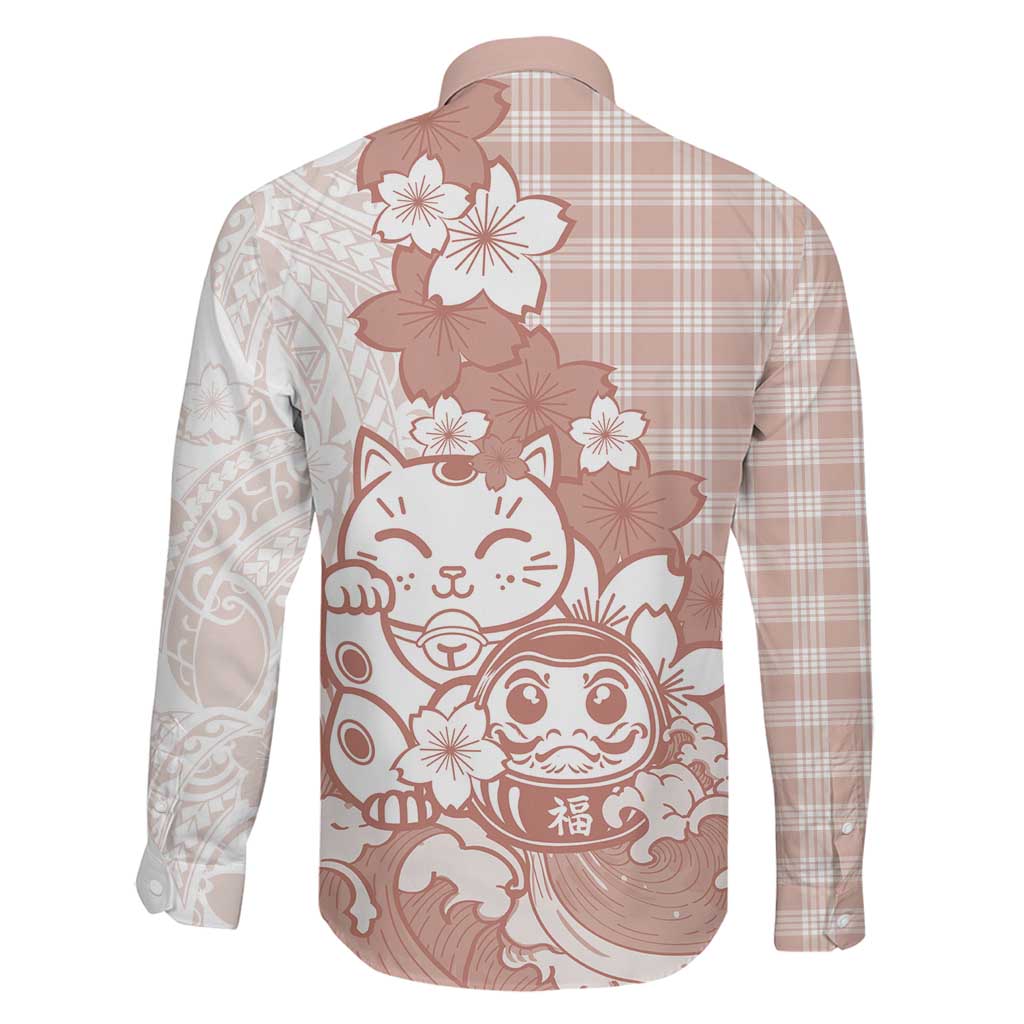 Beige Palaka Hawaiian And Japanese Family Matching Puletasi and Hawaiian Shirt Maneki Neko And Sakura Bloom