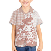 Beige Palaka Hawaiian And Japanese Family Matching Puletasi and Hawaiian Shirt Maneki Neko And Sakura Bloom
