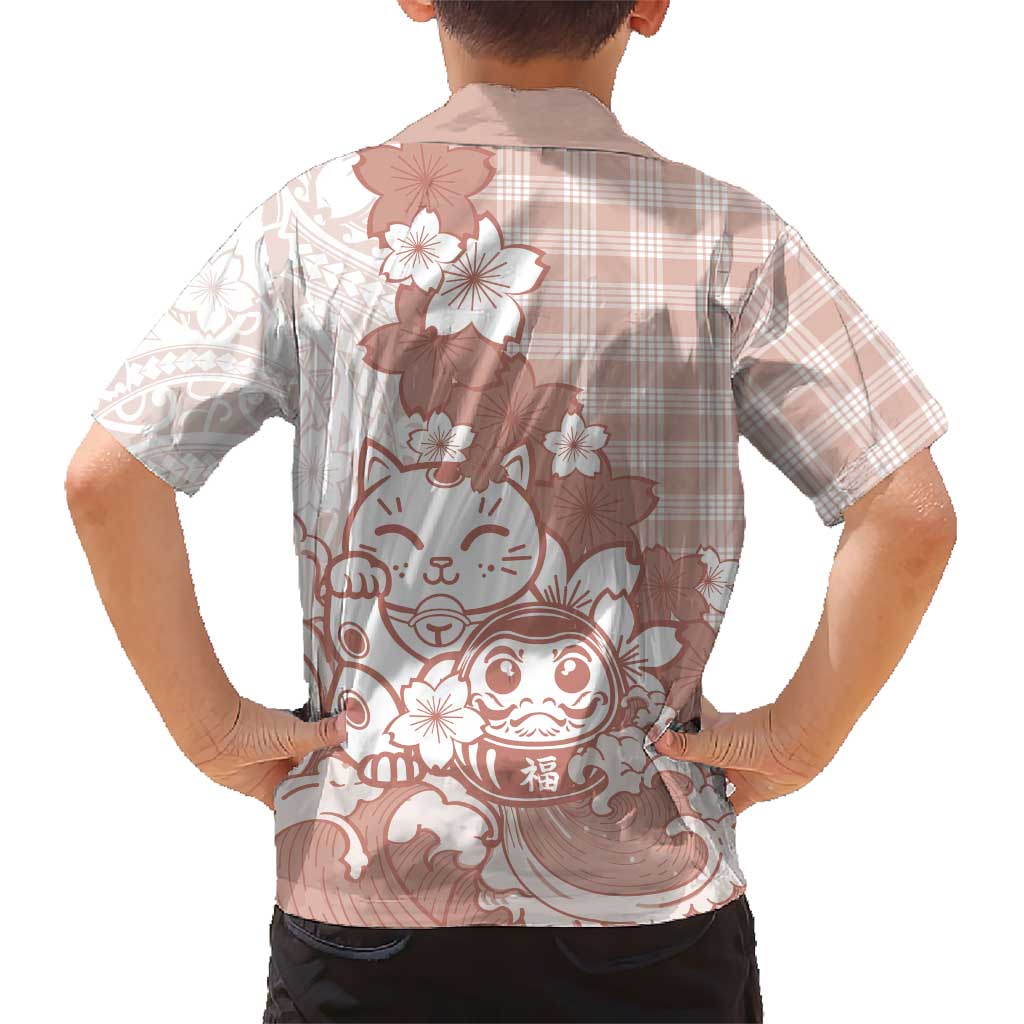Beige Palaka Hawaiian And Japanese Family Matching Tank Maxi Dress and Hawaiian Shirt Maneki Neko And Sakura Bloom
