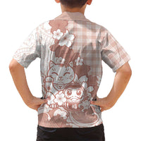 Beige Palaka Hawaiian And Japanese Family Matching Tank Maxi Dress and Hawaiian Shirt Maneki Neko And Sakura Bloom