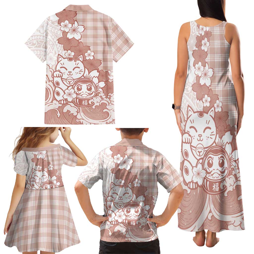 Beige Palaka Hawaiian And Japanese Family Matching Tank Maxi Dress and Hawaiian Shirt Maneki Neko And Sakura Bloom