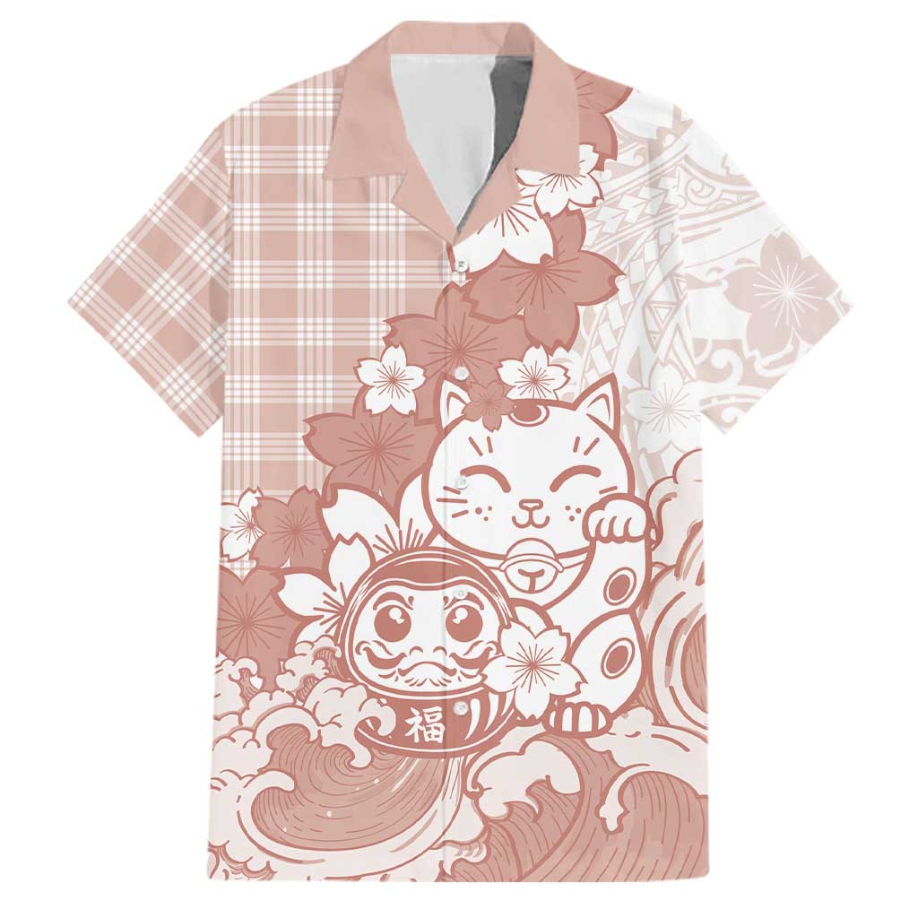 Beige Palaka Hawaiian And Japanese Family Matching Tank Maxi Dress and Hawaiian Shirt Maneki Neko And Sakura Bloom