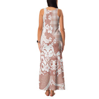 Beige Palaka Hawaiian And Japanese Family Matching Tank Maxi Dress and Hawaiian Shirt Maneki Neko And Sakura Bloom