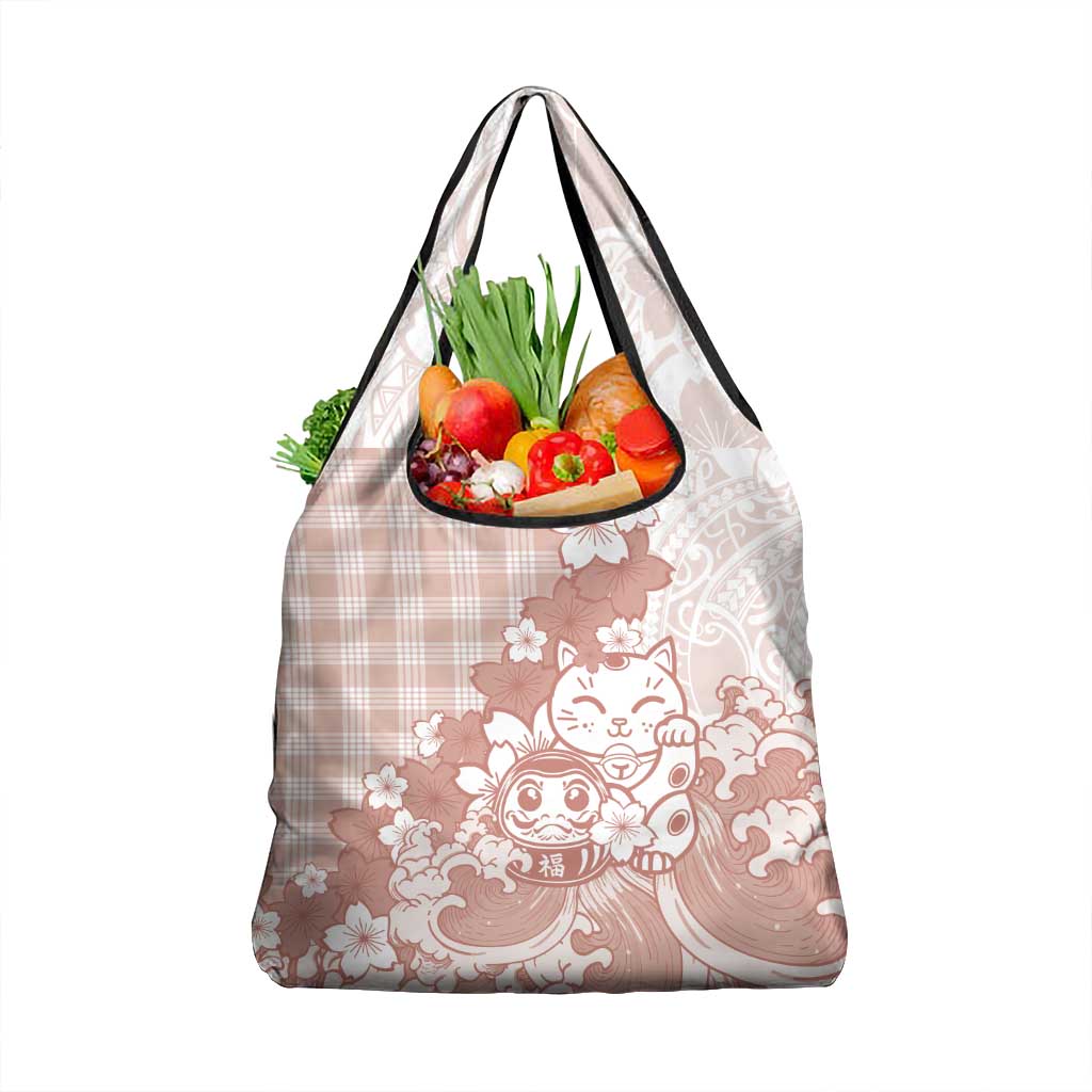 Beige Palaka Hawaiian And Japanese Grocery Bag Maneki Neko And Sakura Bloom