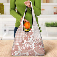 Beige Palaka Hawaiian And Japanese Grocery Bag Maneki Neko And Sakura Bloom