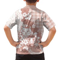 Beige Palaka Hawaiian And Japanese Hawaiian Shirt Maneki Neko And Sakura Bloom
