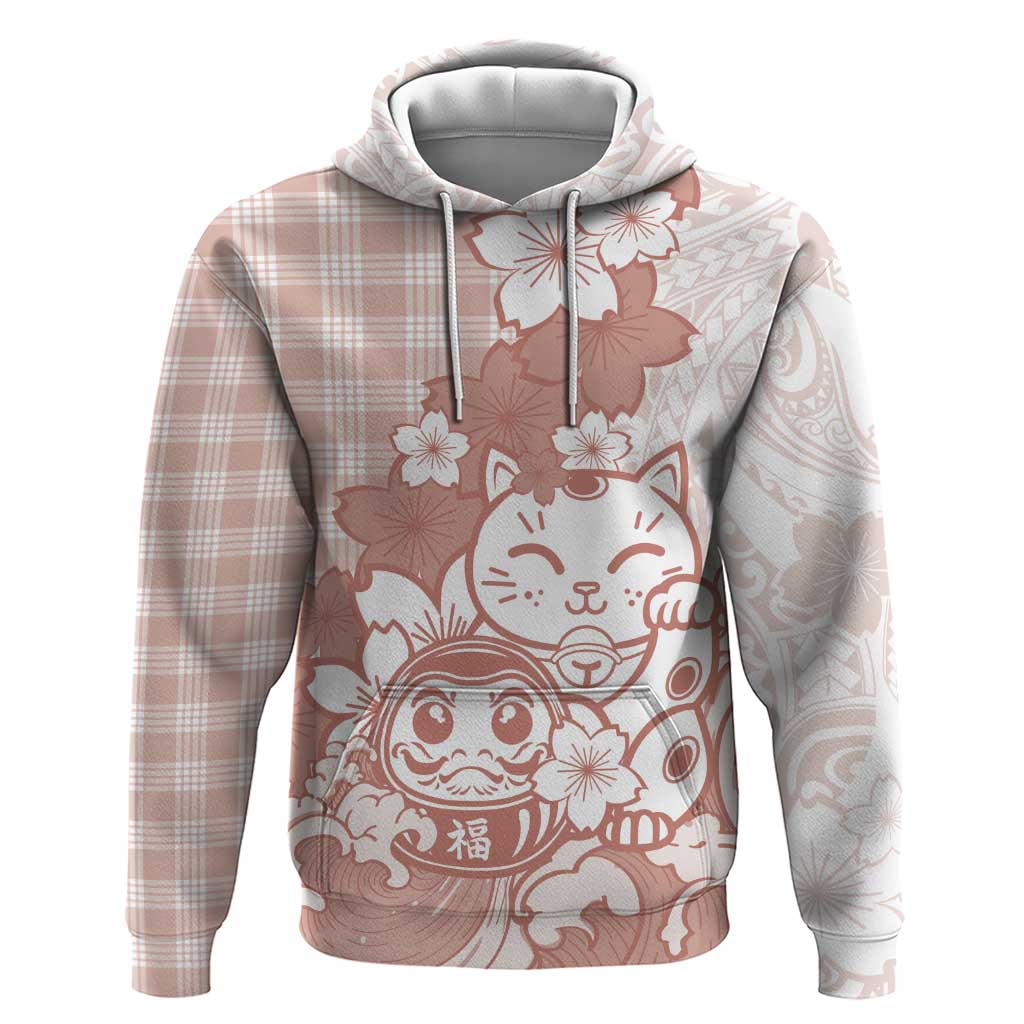 Beige Palaka Hawaiian And Japanese Hoodie Maneki Neko And Sakura Bloom