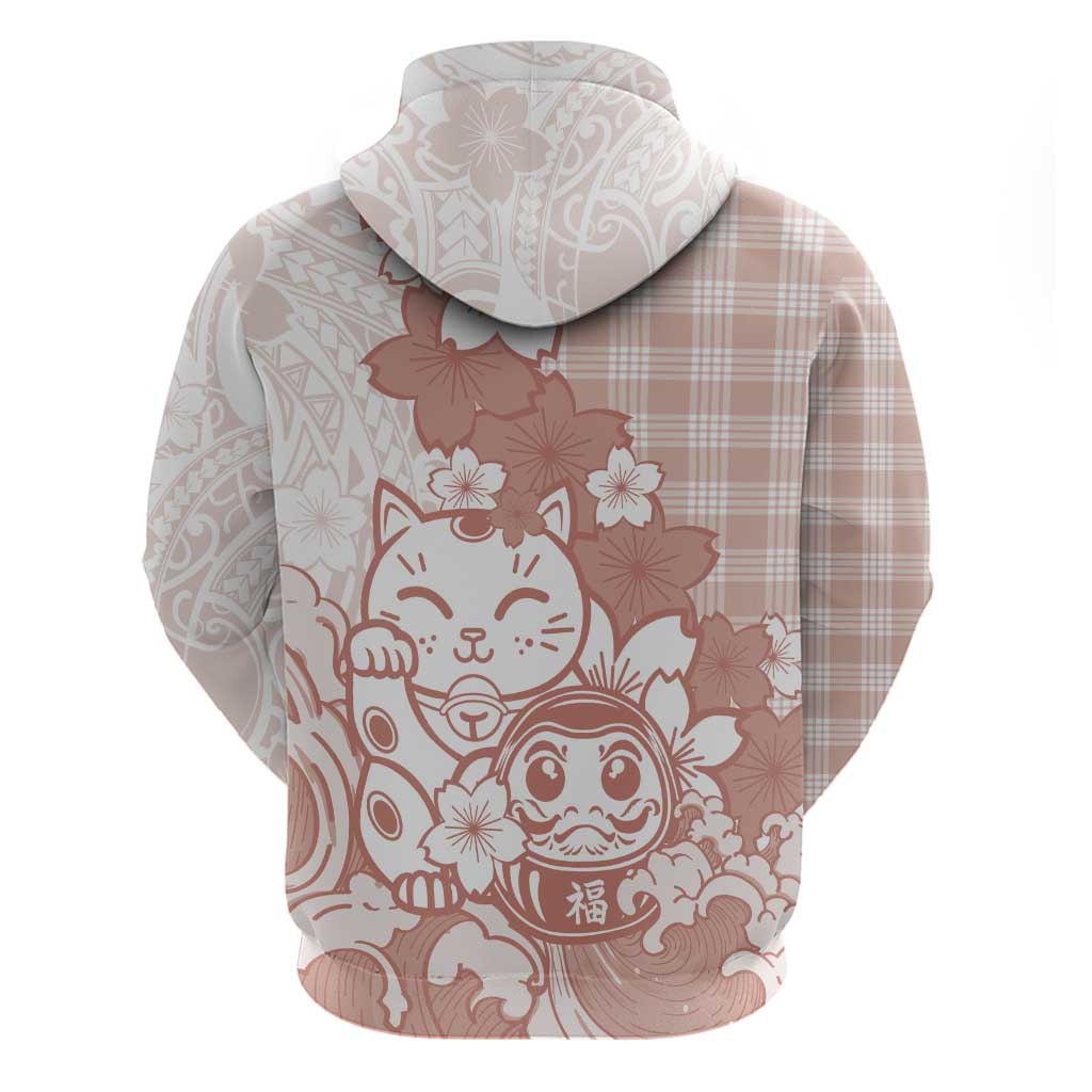 Beige Palaka Hawaiian And Japanese Hoodie Maneki Neko And Sakura Bloom
