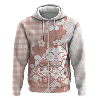 Beige Palaka Hawaiian And Japanese Hoodie Maneki Neko And Sakura Bloom
