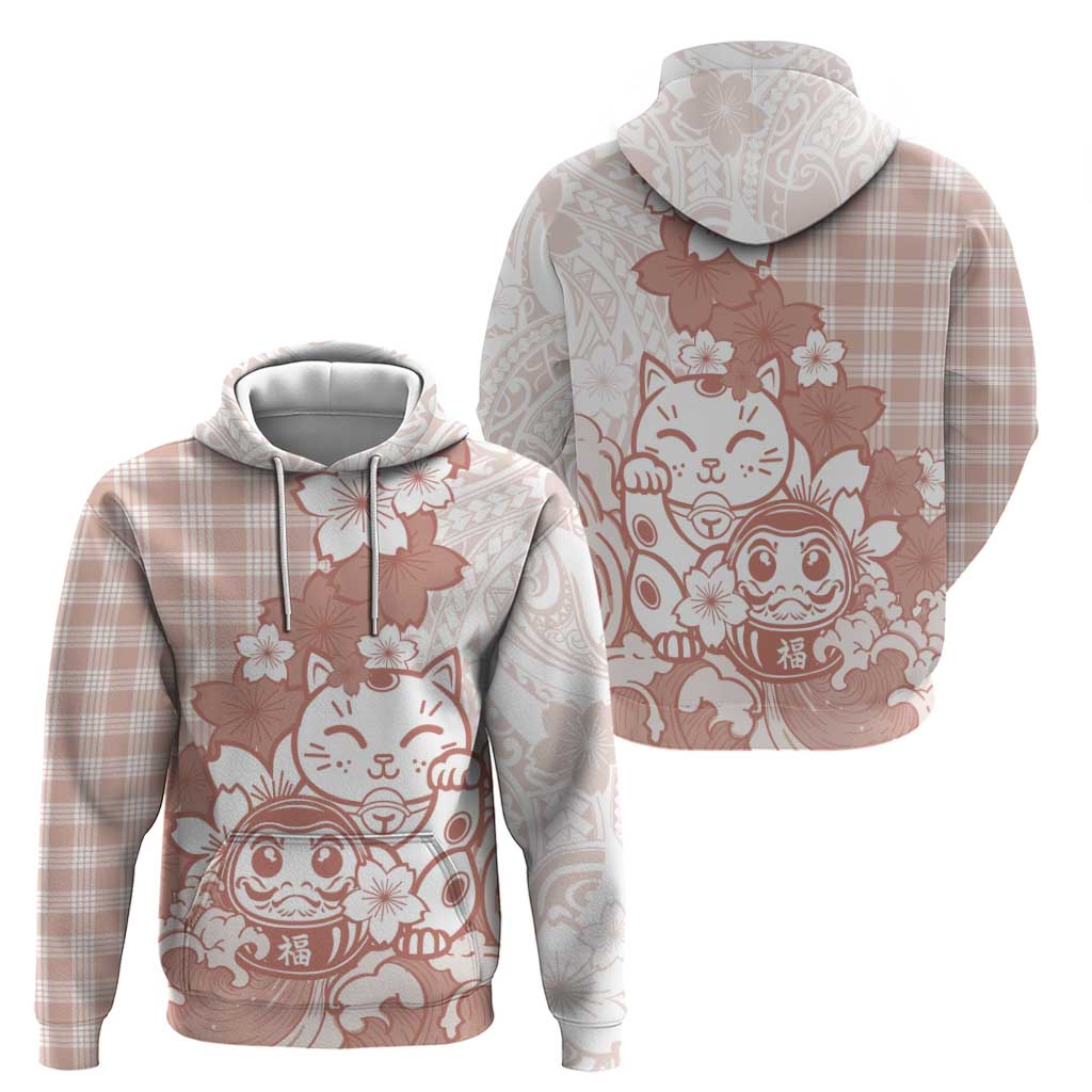 Beige Palaka Hawaiian And Japanese Hoodie Maneki Neko And Sakura Bloom