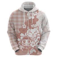 Beige Palaka Hawaiian And Japanese Hoodie Maneki Neko And Sakura Bloom