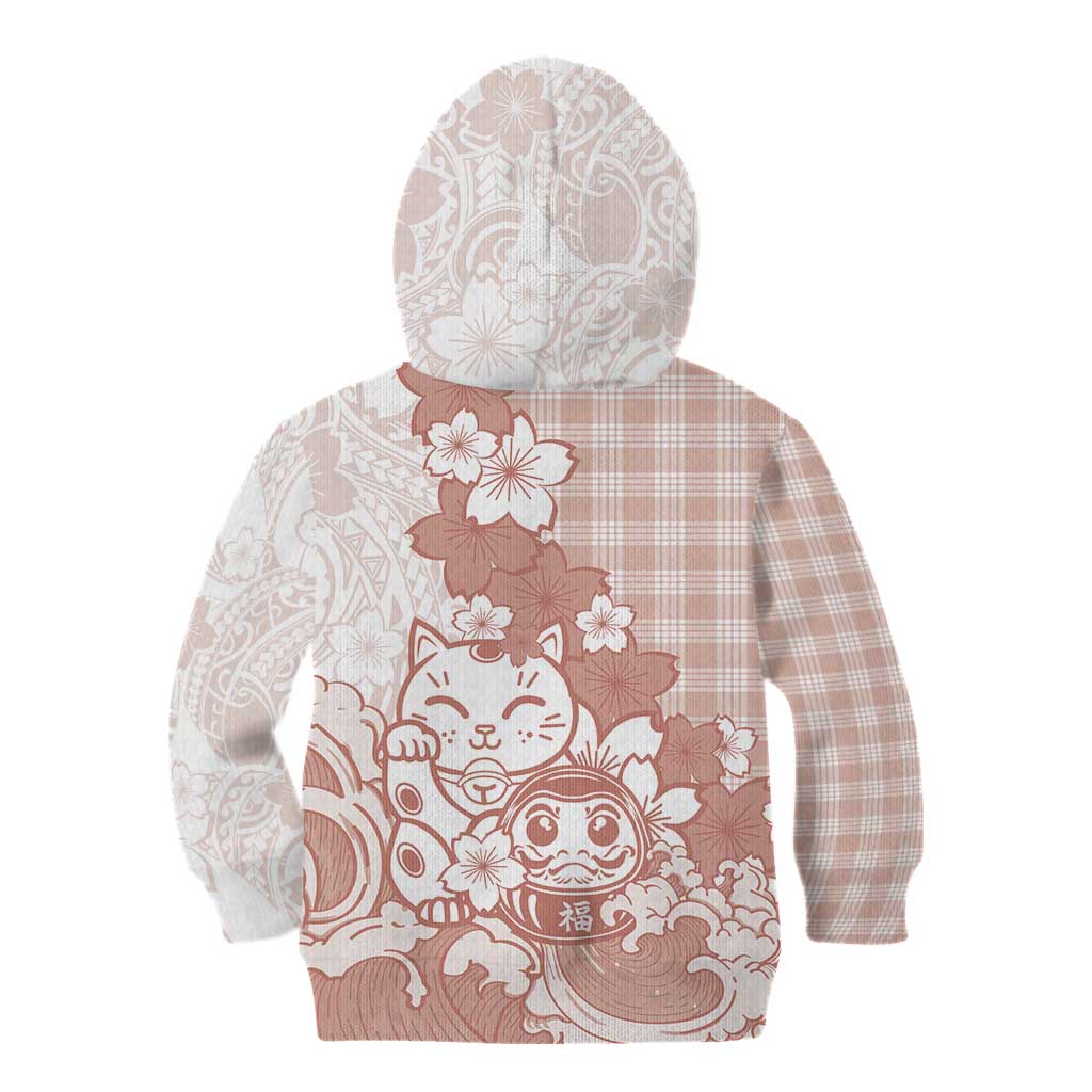 Beige Palaka Hawaiian And Japanese Kid Hoodie Maneki Neko And Sakura Bloom