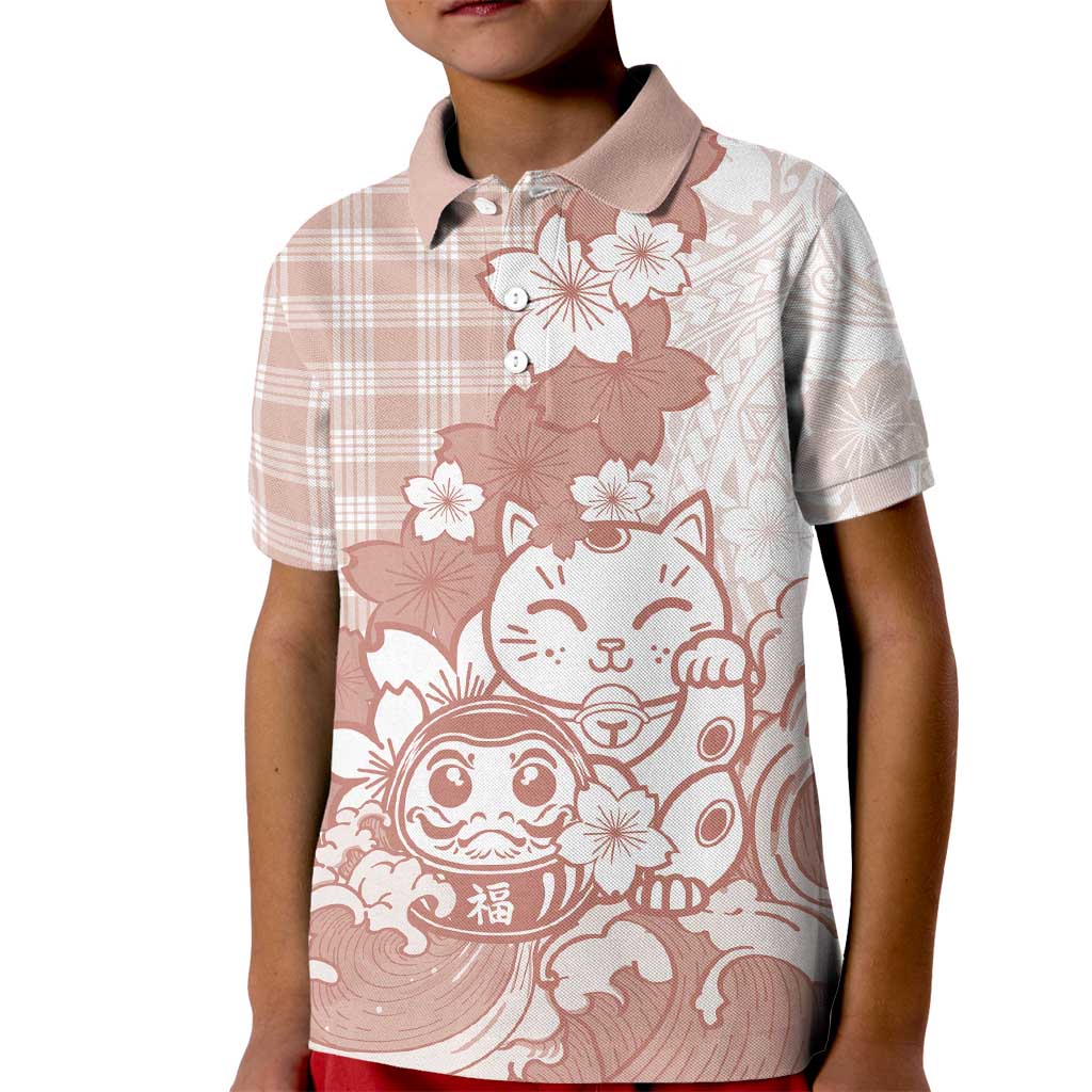 Beige Palaka Hawaiian And Japanese Kid Polo Shirt Maneki Neko And Sakura Bloom