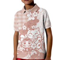 Beige Palaka Hawaiian And Japanese Kid Polo Shirt Maneki Neko And Sakura Bloom