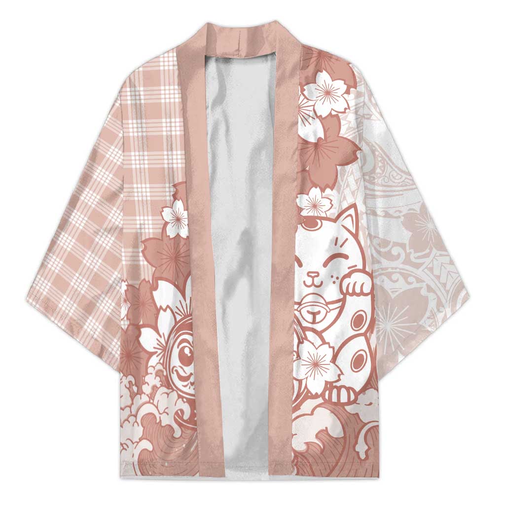 Beige Palaka Hawaiian And Japanese Kimono Maneki Neko And Sakura Bloom