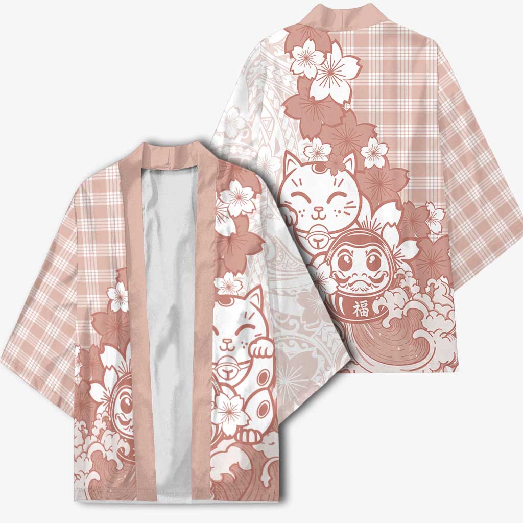 Beige Palaka Hawaiian And Japanese Kimono Maneki Neko And Sakura Bloom