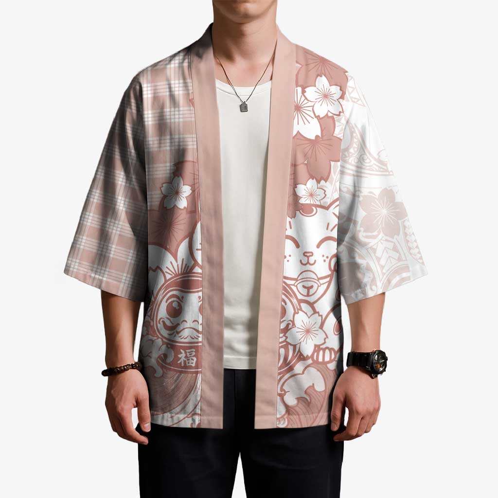 Beige Palaka Hawaiian And Japanese Kimono Maneki Neko And Sakura Bloom