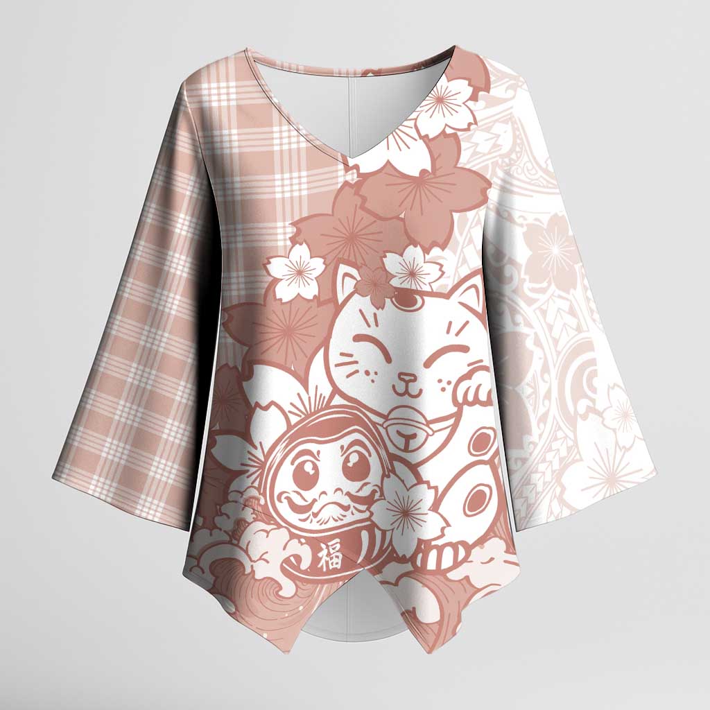 Beige Palaka Hawaiian And Japanese Kimono Sleeve Blouse Maneki Neko And Sakura Bloom DT05 Female Beige - Polynesian Pride