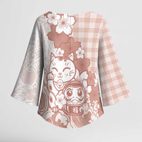 Beige Palaka Hawaiian And Japanese Kimono Sleeve Blouse Maneki Neko And Sakura Bloom DT05 - Polynesian Pride