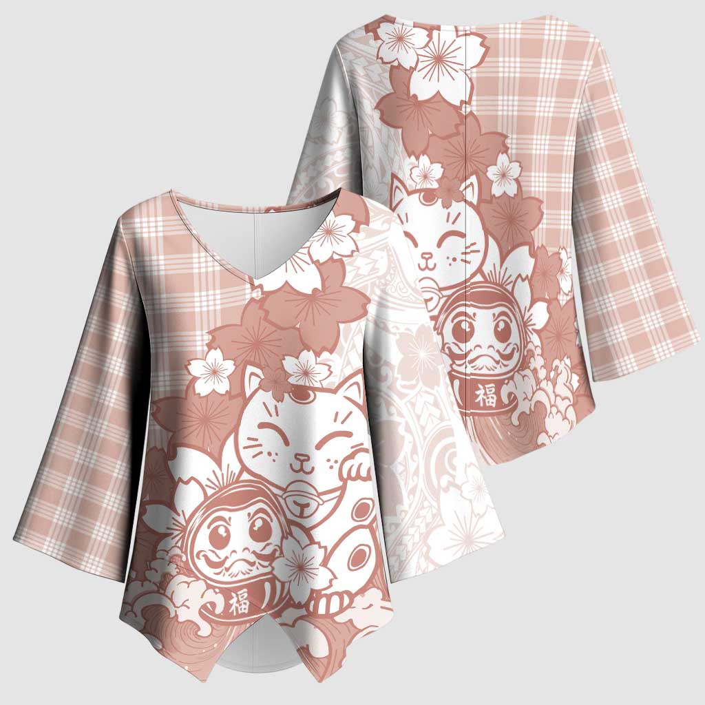 Beige Palaka Hawaiian And Japanese Kimono Sleeve Blouse Maneki Neko And Sakura Bloom DT05 - Polynesian Pride